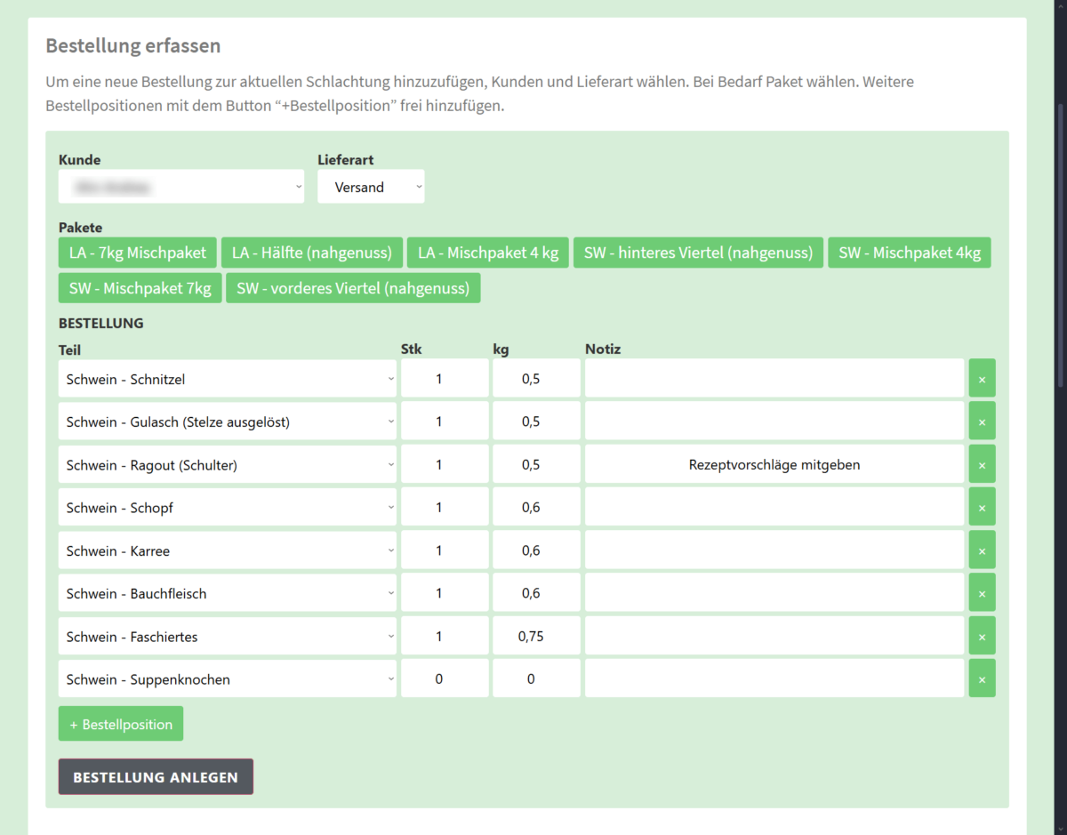 Anwendung von vordefinierten Paketen, um schnell mehrere Artikel zu einer Bestellung zu erfassen.